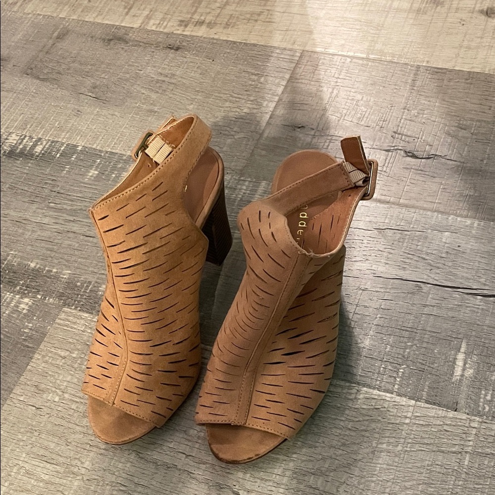 Madden Girl Tan Laser-Cut Peep-Toe Block Heel Sandals